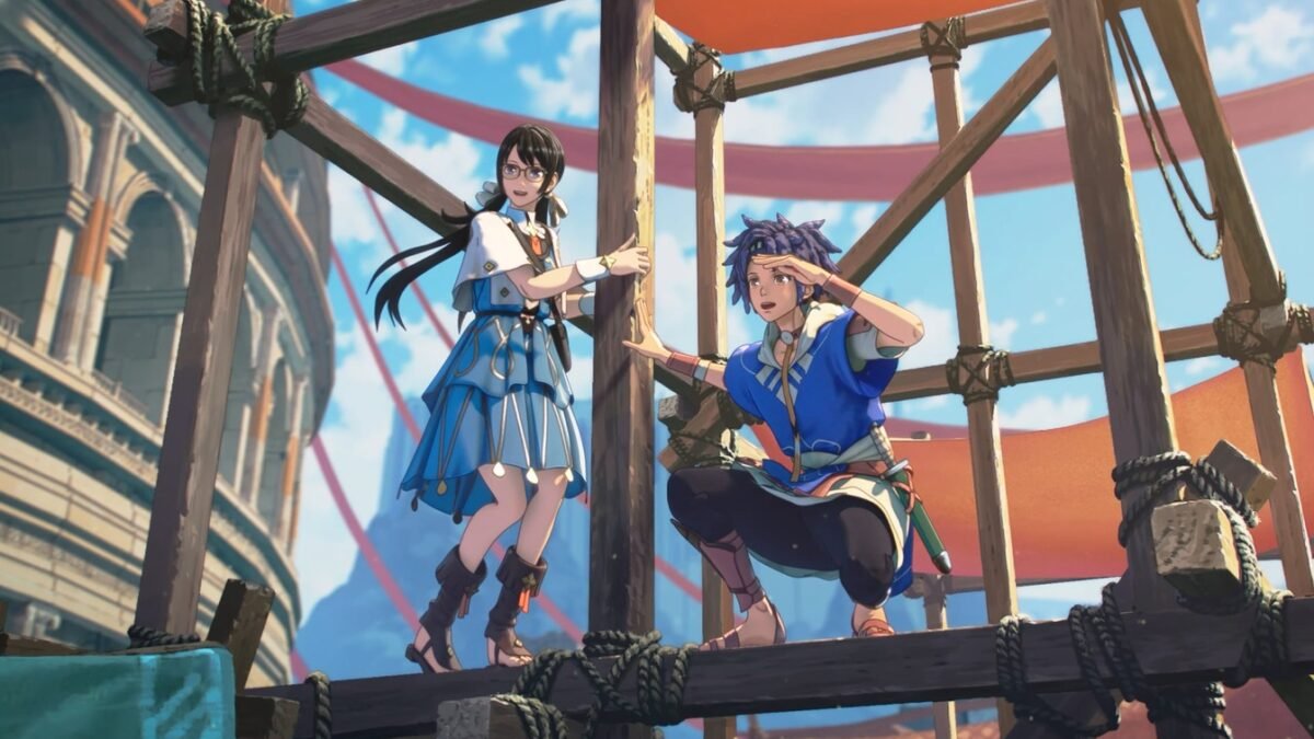 Official Fire Emblem: Fortune’s Weave game artwork showing two characters on a wooden scaffold, from Nintendo’s US product gallery.