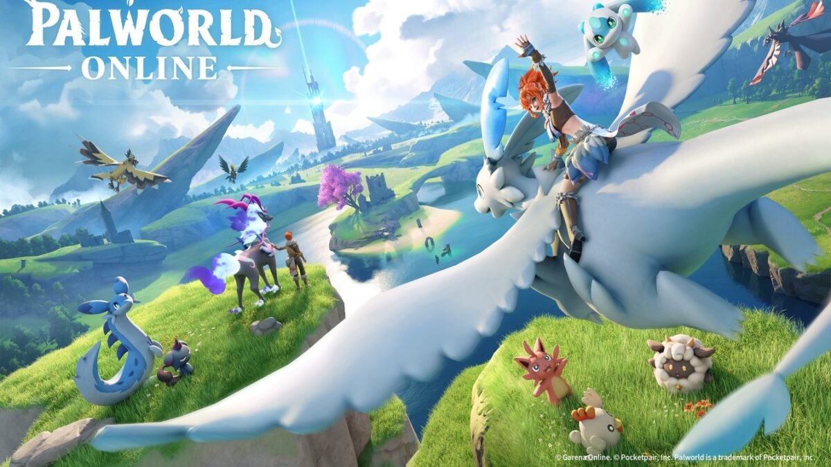 Official Palworld Online announcement key visual from Garena showing the game logo, Pals and an open-world landscape.