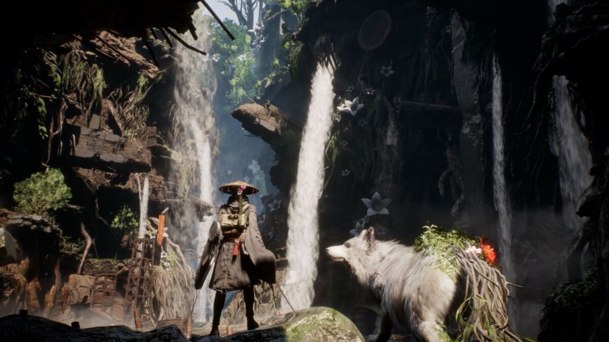 Official Beast of Reincarnation gameplay image showing Emma and Koo in a waterfall ravine.