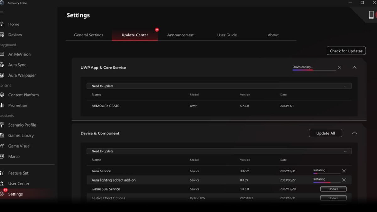 Official ASUS Armoury Crate interface showing its Update Center tab, update controls and listed software components.