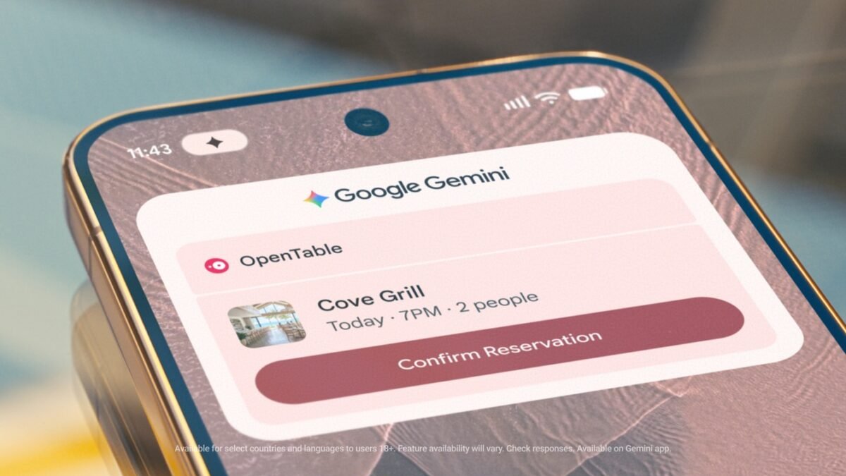 Official Google product image of a Pixel 11 showing the Gemini reservation interface on its display.