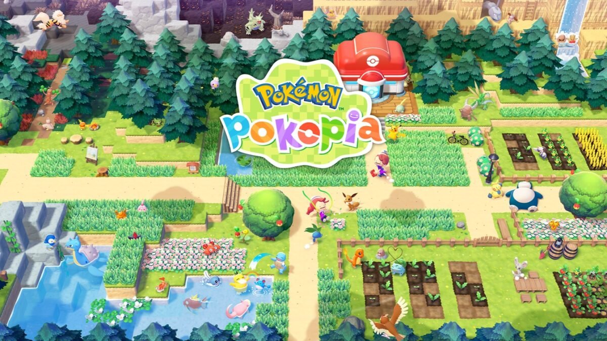 Official Nintendo key art for Pokémon Pokopia showing the game’s colorful world, its logo and many Pokémon.