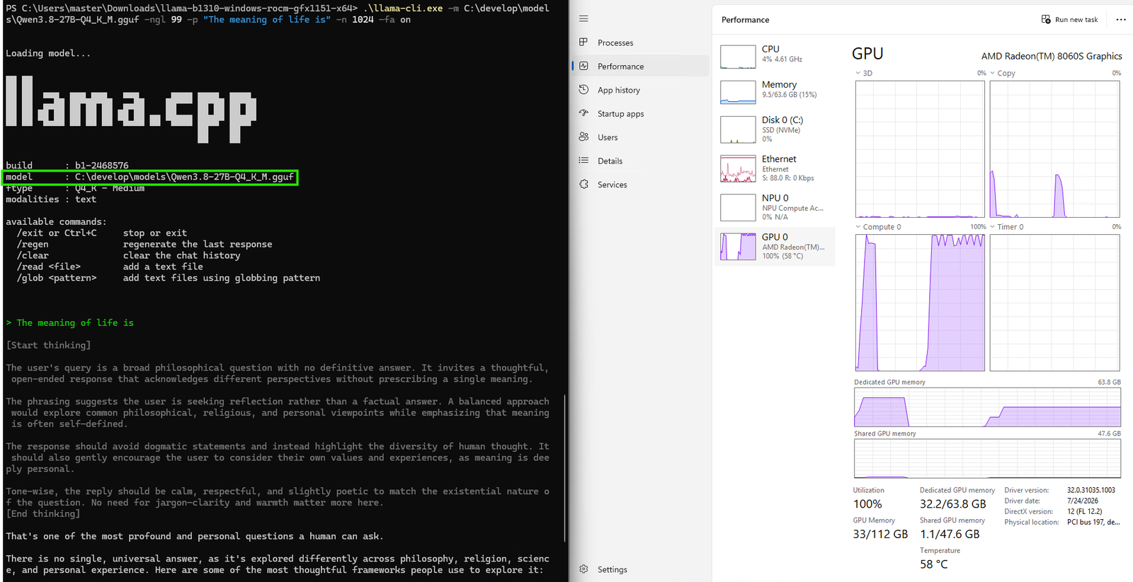AMD Qwen 3.8 27B support test capture showing llama.cpp running Qwen alongside Windows Task Manager with AMD Radeon graphics memory activity.