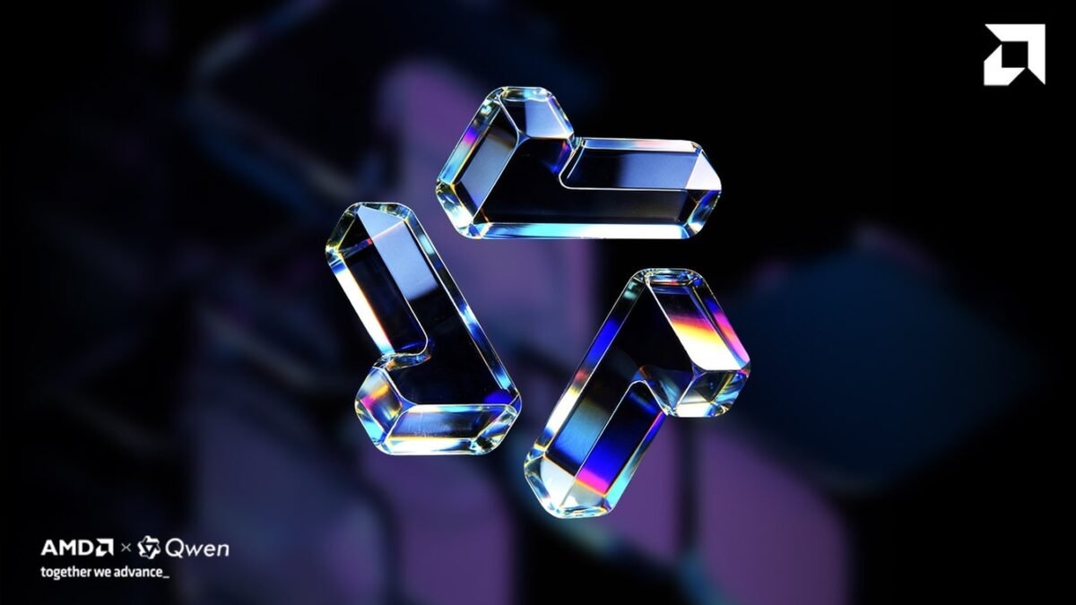Official AMD and Qwen artwork showing translucent prismatic shapes above the AMD × Qwen lockup.