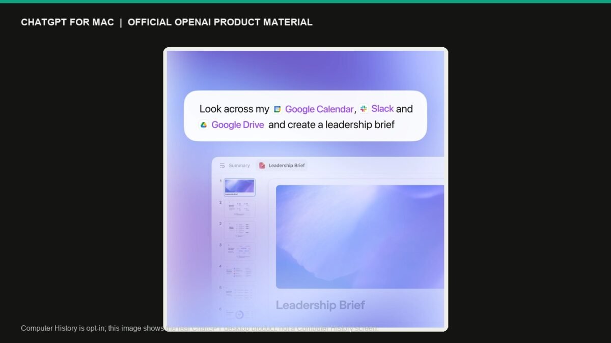 Official OpenAI ChatGPT desktop product interface, shown in a clean editorial frame; it provides real macOS/desktop product context for the opt-in Computer History feature.
