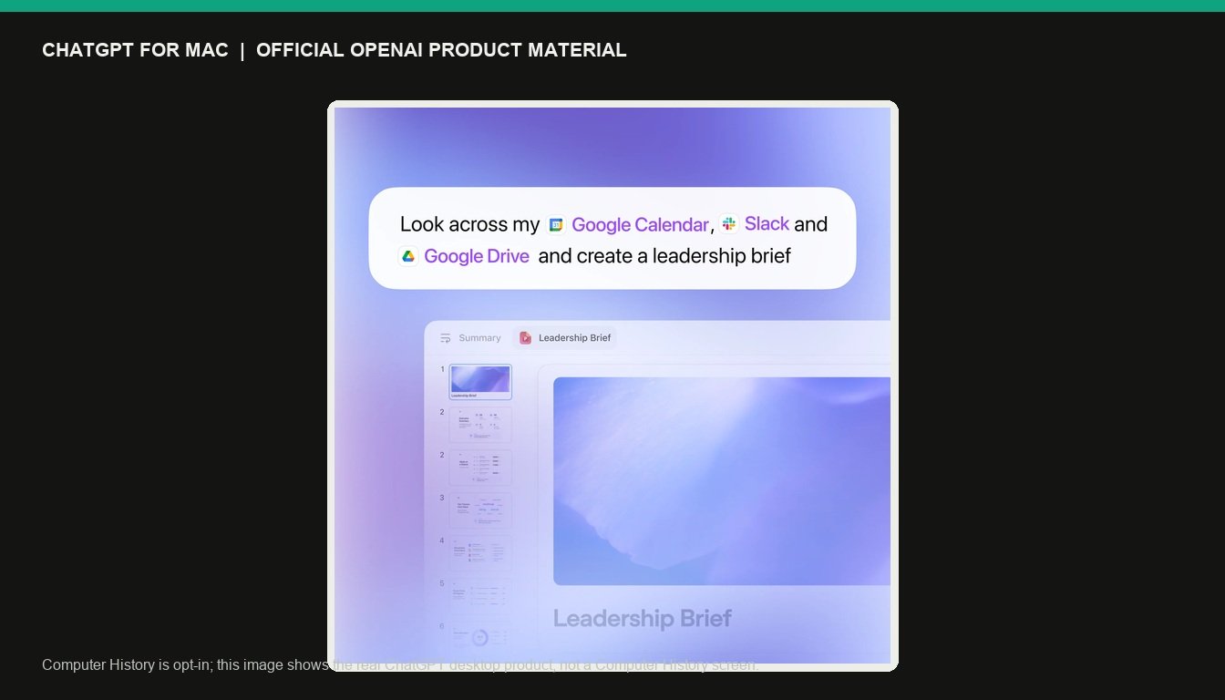 Official OpenAI ChatGPT desktop product interface, shown in a clean editorial frame; it provides real macOS desktop product context for ChatGPT Computer History.