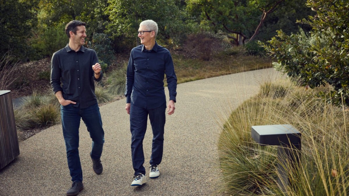 Official Apple photograph for the John Ternus becomes Apple CEO story, showing John Ternus and Tim Cook at Apple Park.