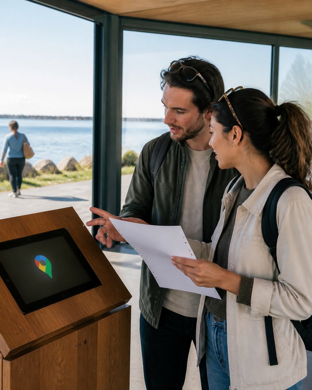 Editorial illustration of travelers using a Google Maps reference point at a lakeside visitor area.