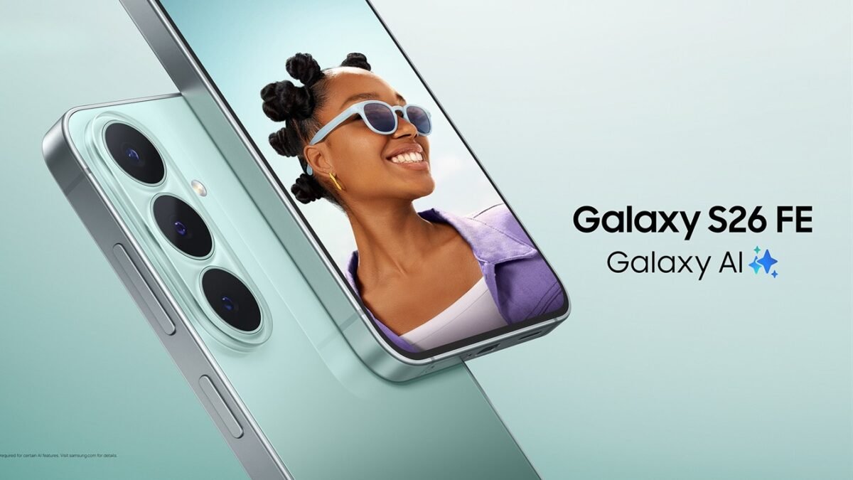 Official Samsung Galaxy S26 FE in Pistachio green, showing its triple rear cameras and front display.