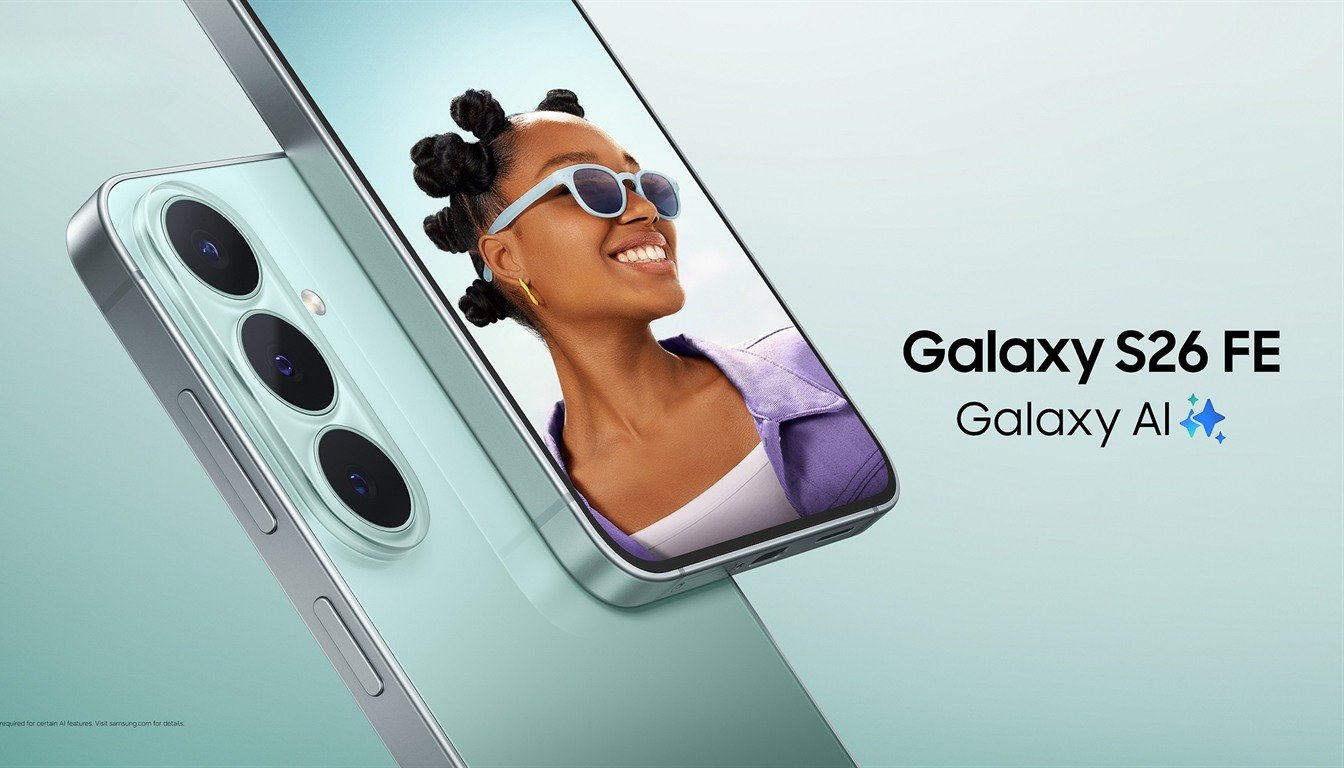 Official Samsung Galaxy S26 FE in Pistachio green, showing its triple rear cameras and front display.
