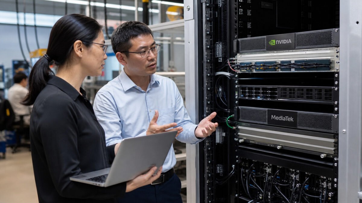 AI-generated editorial illustration for the NVIDIA MediaTek partnership story, showing branded AI infrastructure hardware; it does not depict a real NVIDIA or MediaTek facility.