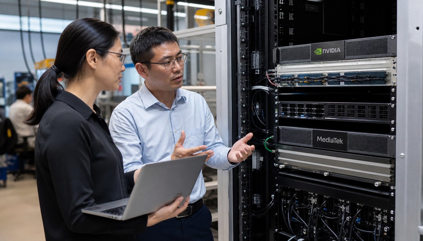NVIDIA MediaTek partnership editorial illustration showing AI infrastructure hardware