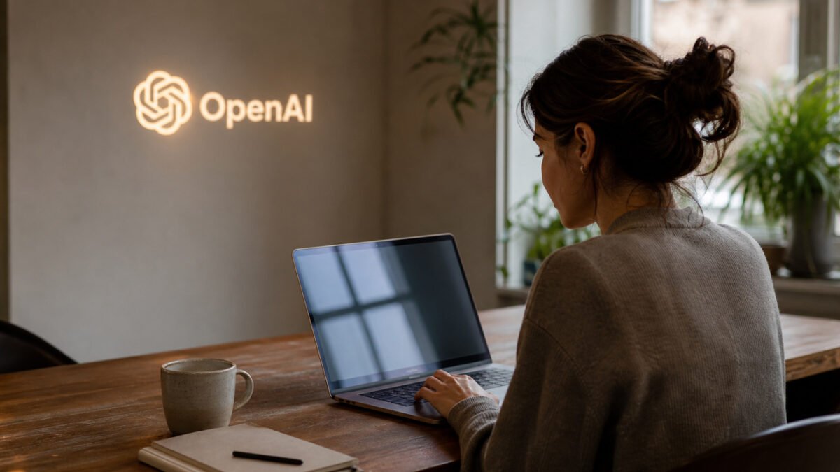 AI-generated editorial illustration for the ChatGPT Ads expansion story, showing an OpenAI-branded professional workspace; it does not depict a real OpenAI office or campaign.