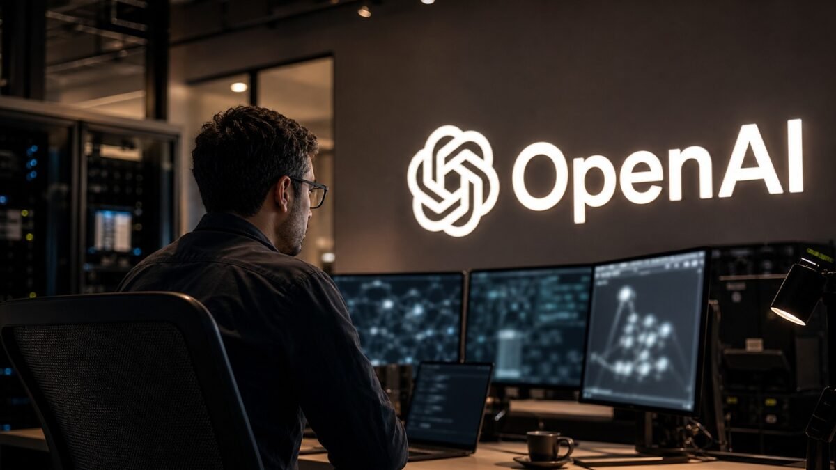 AI-generated editorial illustration of an AI-security analyst in a research environment with OpenAI identity visible; it does not depict an actual OpenAI office, employee, incident or evaluation.