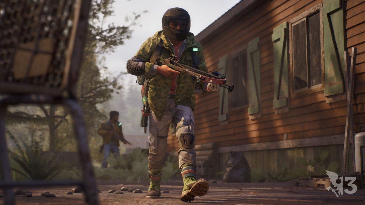 Official State of Decay 3 game screenshot showing a survivor carrying a crossbow outside a wooden house.