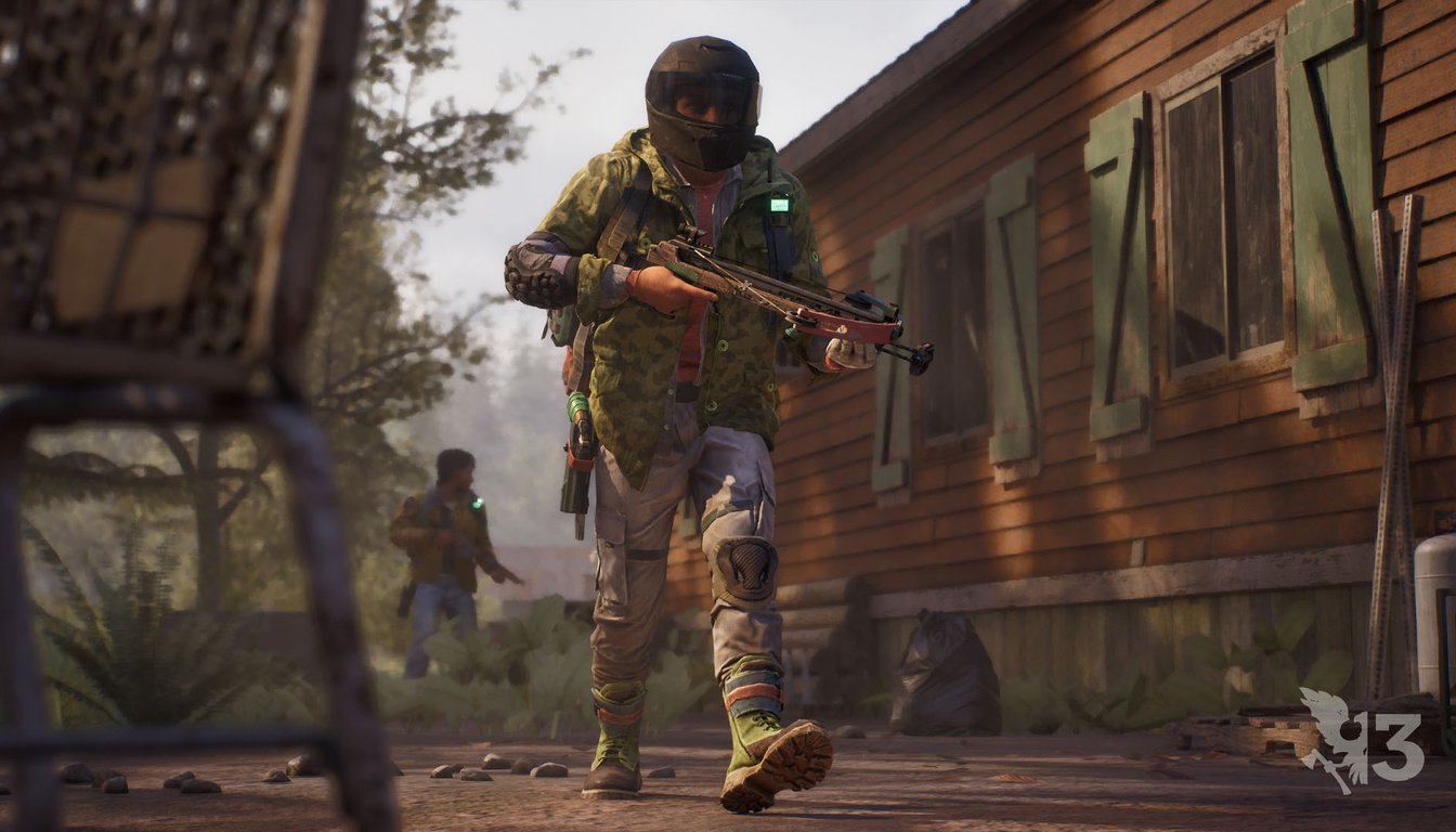 Official State of Decay 3 closed beta gameplay screenshot showing a survivor carrying a crossbow outside a wooden house.