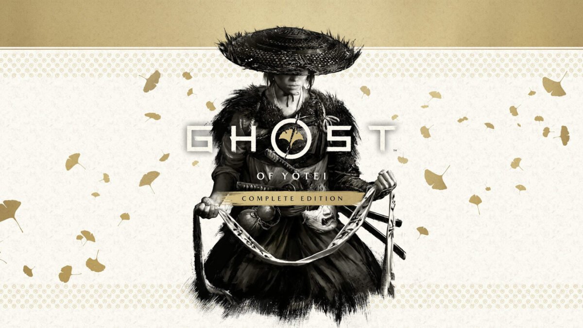 Official Ghost of Yōtei Complete Edition key art showing Atsu in black-and-white armor against a white brush-stroke background.