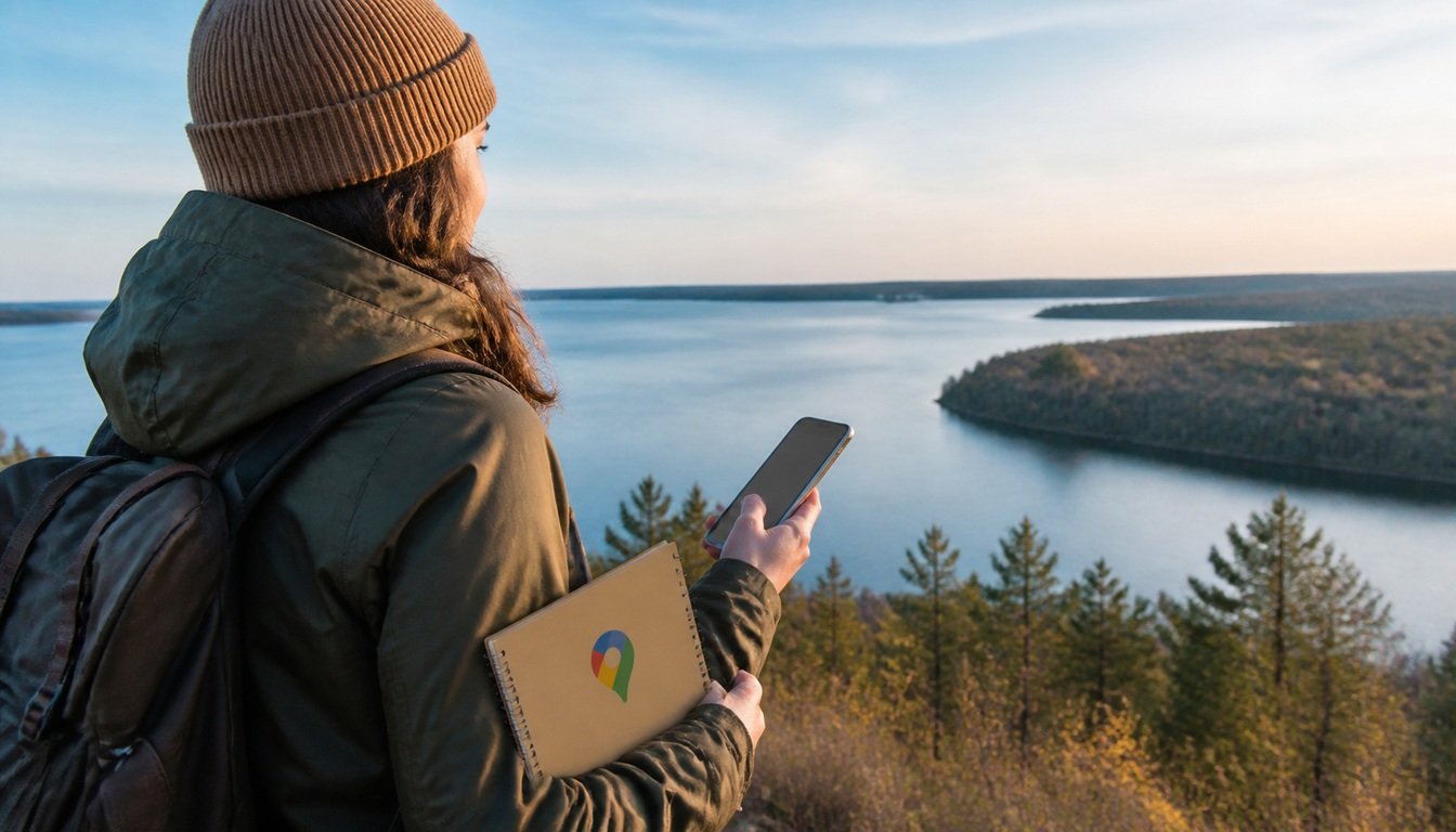 Google Maps Lake America editorial illustration of a traveler near Lake Ontario; it does not depict a live Google Maps screen.