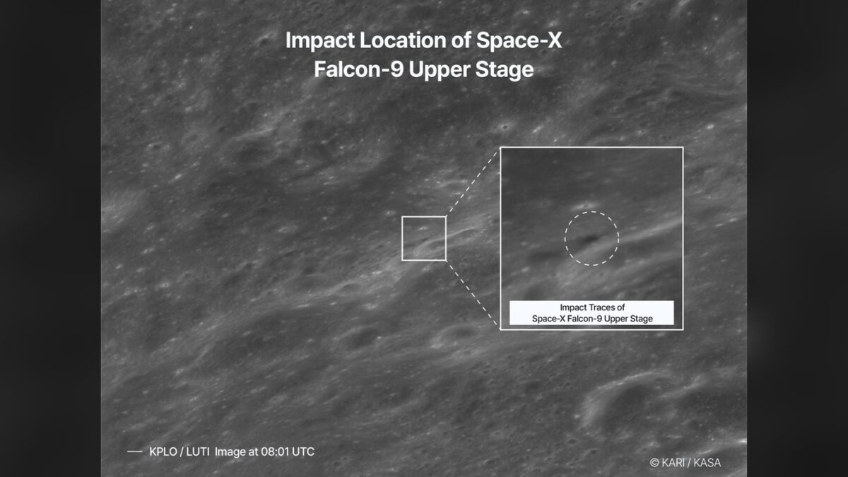 Official KARI/KASA Danuri LUTI orbital image locating impact traces from a SpaceX Falcon 9 upper stage on the Moon. This labeled scientific observation does not show the collision itself.