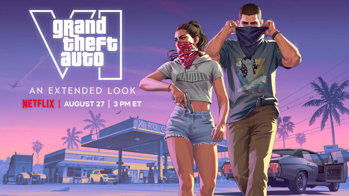 Official Grand Theft Auto VI announcement artwork listing an Extended Look on Netflix for August 27 at 3 p.m. ET.