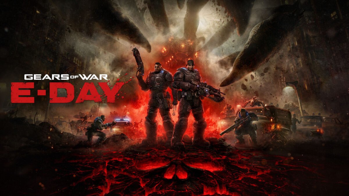 Official Gears of War: E-Day key art showing Marcus Fenix and Dom Santiago in a red-lit battle scene.