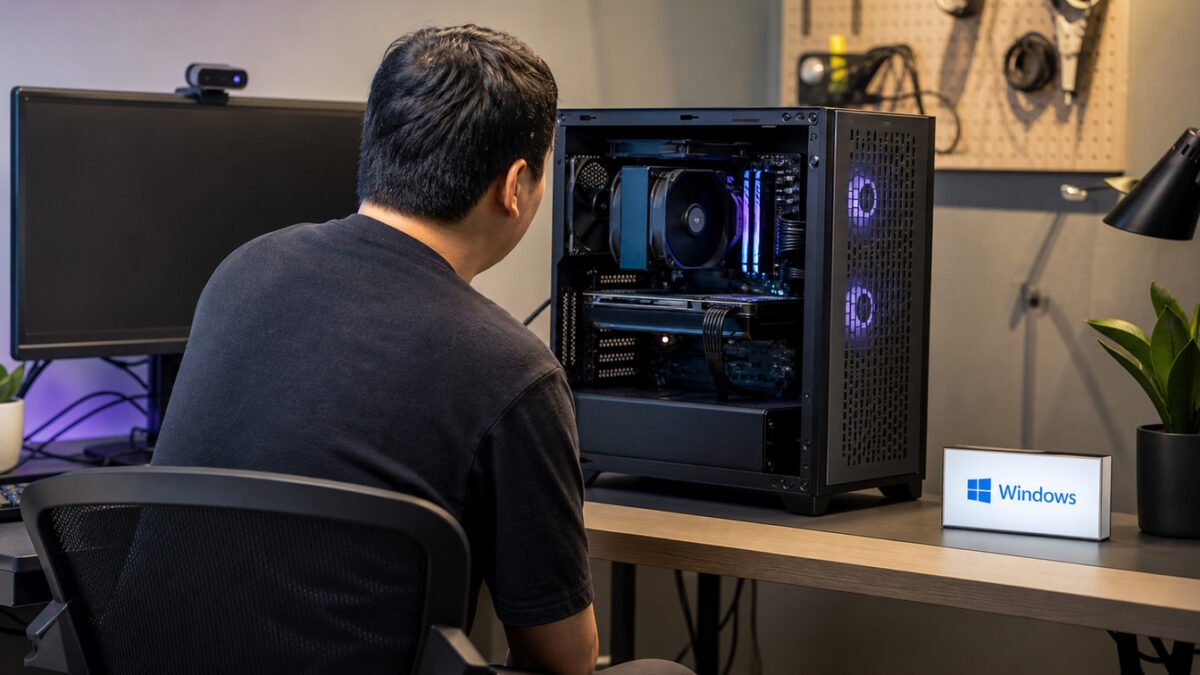 AI-generated editorial illustration of a gaming PC workspace with Windows identity in a realistic setting; it does not depict a specific crash or an actual Microsoft environment.