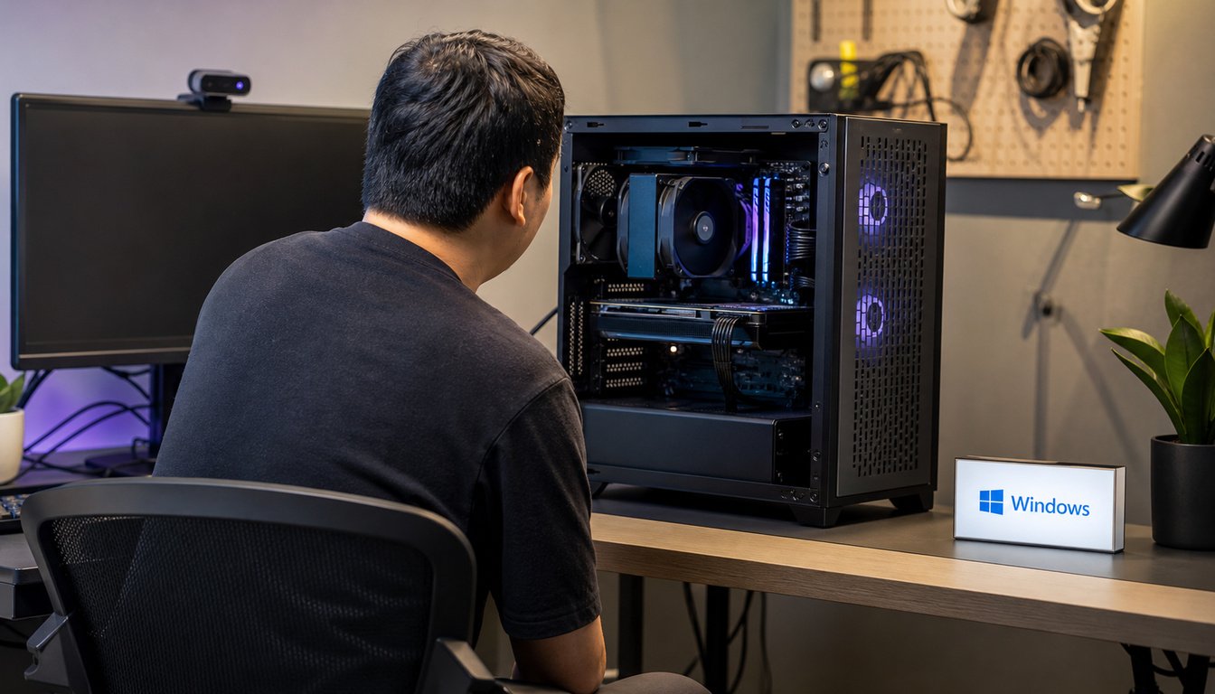 Windows 11 KB5121003 game issue illustrated at a gaming PC workspace; not a documented failure.
