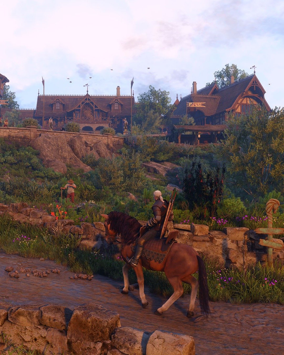 Official The Witcher 3 Songs of the Past screenshot of Geralt riding Roach through Letten