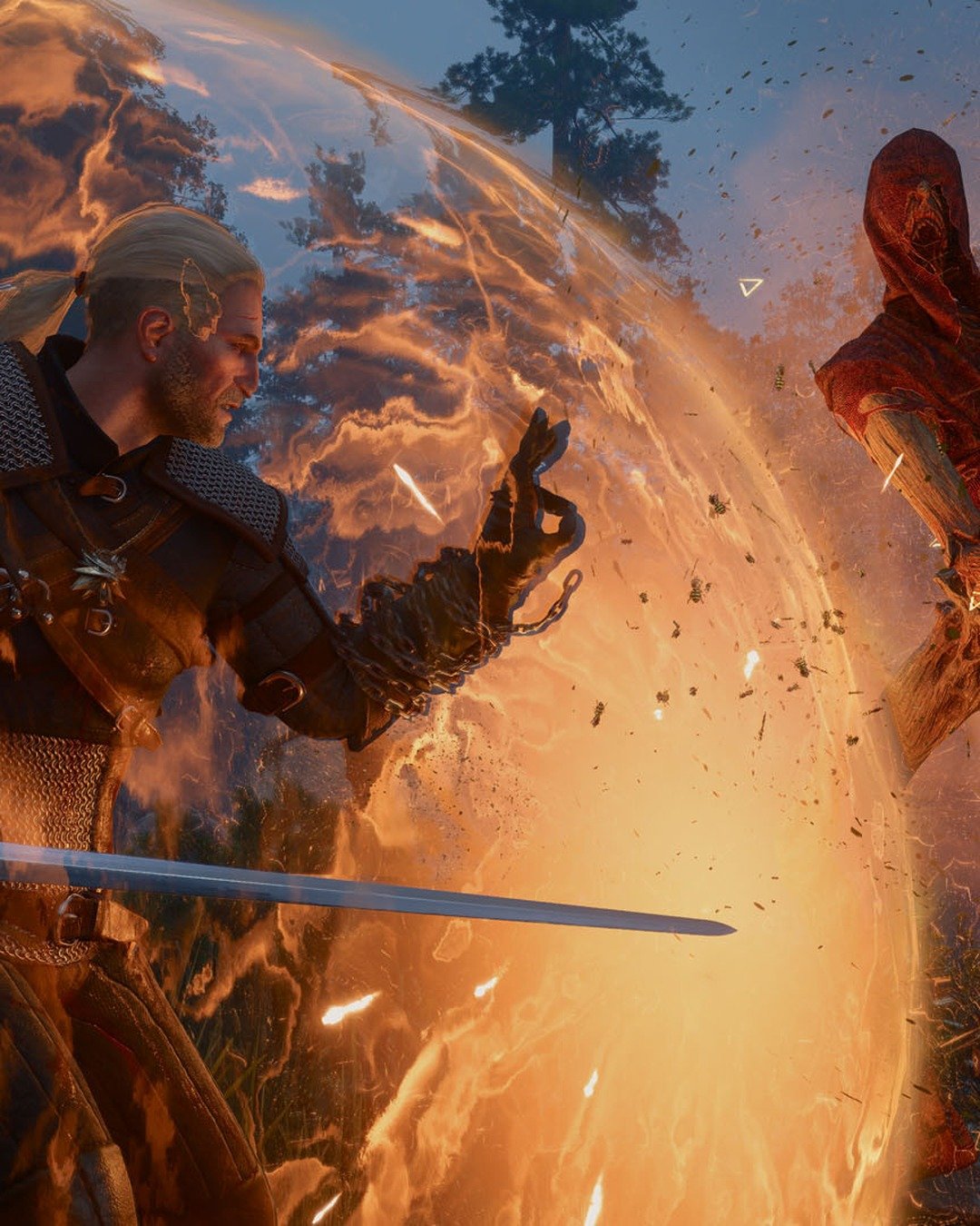 The Witcher 3 Songs of the Past official combat screenshot showing Geralt facing a Swarmion