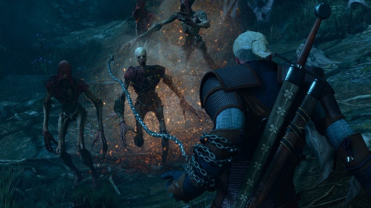 Official The Witcher 3: Songs of the Past gameplay screenshot showing Geralt using the chain weapon