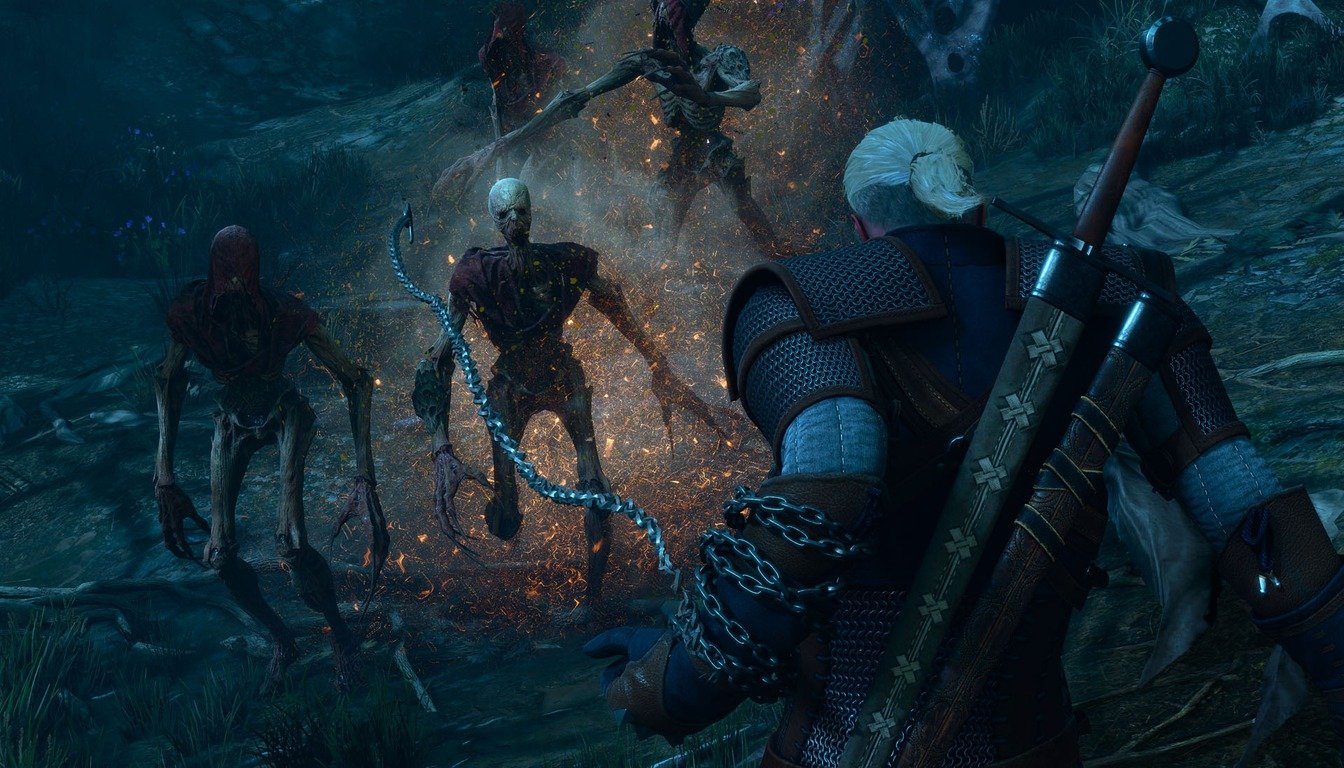 The Witcher 3 Songs of the Past official gameplay screenshot showing Geralt using the chain weapon