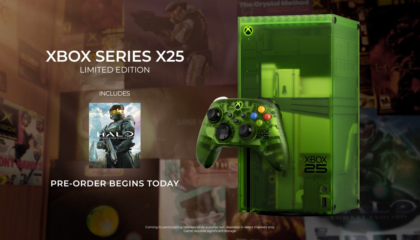 Official Xbox Series X25 Limited Edition console and X25 Wireless Controller in translucent OG Green.