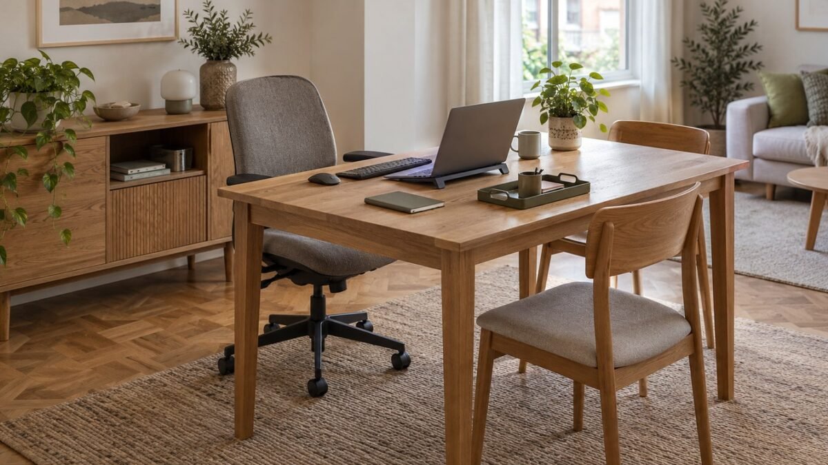 AI planning illustration of a dining table home office with a laptop, separate keyboard, adjustable chair and nearby storage.