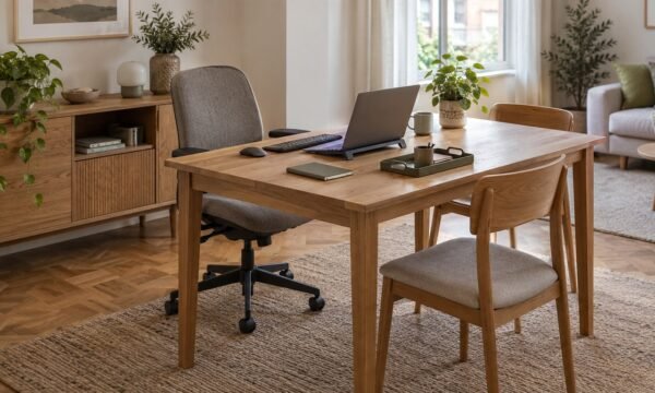 AI planning illustration of a dining table home office with a laptop, separate keyboard, adjustable chair and nearby storage.