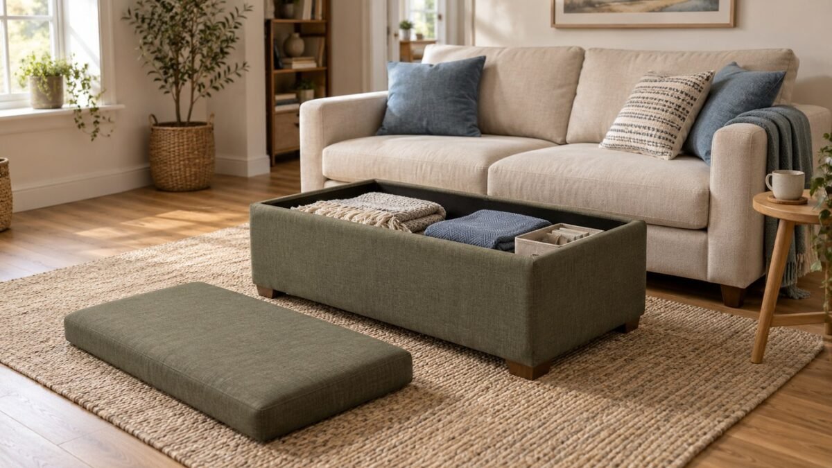 AI planning illustration of an open olive storage ottoman with folded throws, its removable lid on the rug beside a sofa.