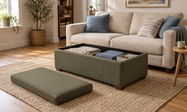 AI planning illustration of an open olive storage ottoman with folded throws, its removable lid on the rug beside a sofa.