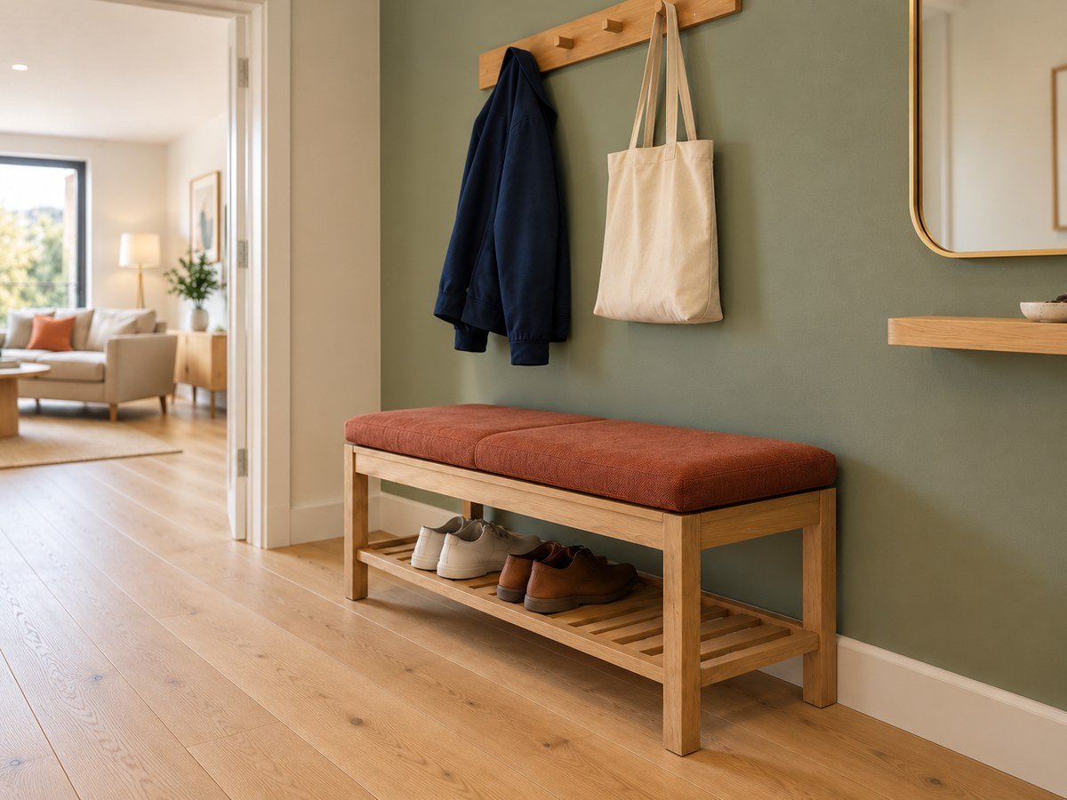 AI concept showing an oak entryway bench with a rust cushion, shoes underneath, and coats and a tote on wall hooks.