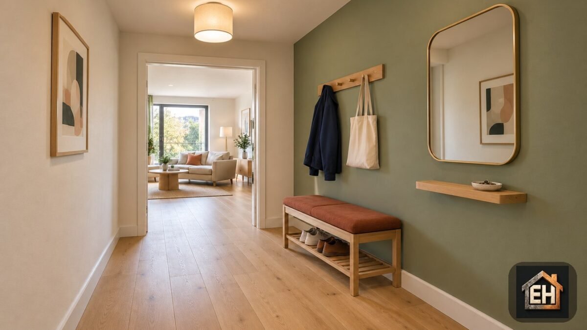 AI-generated small entryway concept with an oak bench, rust cushion, sage wall, hooks, mirror and clear floor route.