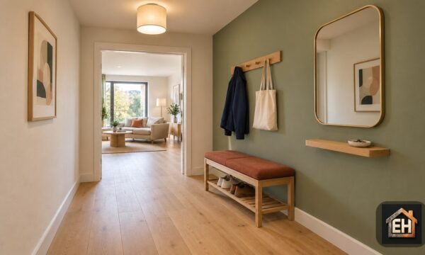 AI-generated small entryway concept with an oak bench, rust cushion, sage wall, hooks, mirror and clear floor route.