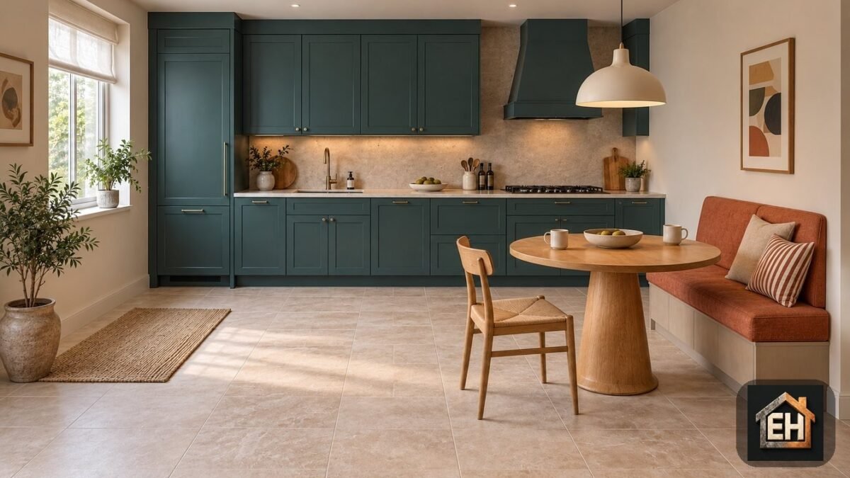 AI concept of a small kitchen dining nook with teal cabinets, a terracotta wall bench, round oak table and one chair.