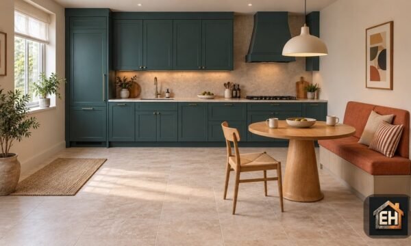 AI concept of a small kitchen dining nook with teal cabinets, a terracotta wall bench, round oak table and one chair.