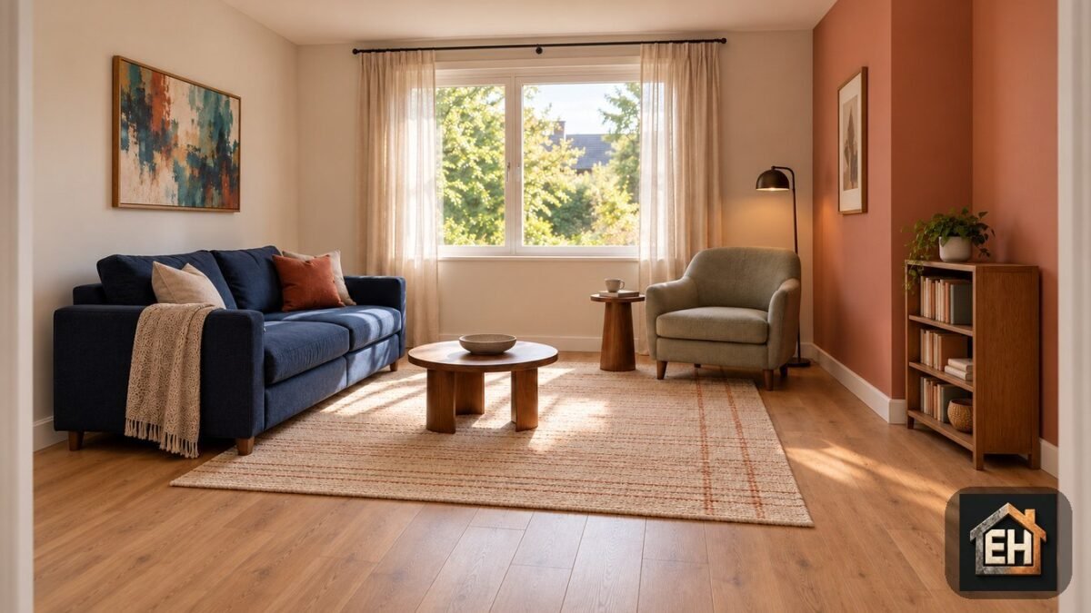 AI-generated small living room reading corner with a blue sofa, sage chair, reading lamp and low bookcase against a terracotta wall.