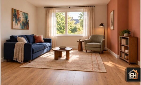 AI-generated small living room reading corner with a blue sofa, sage chair, reading lamp and low bookcase against a terracotta wall.