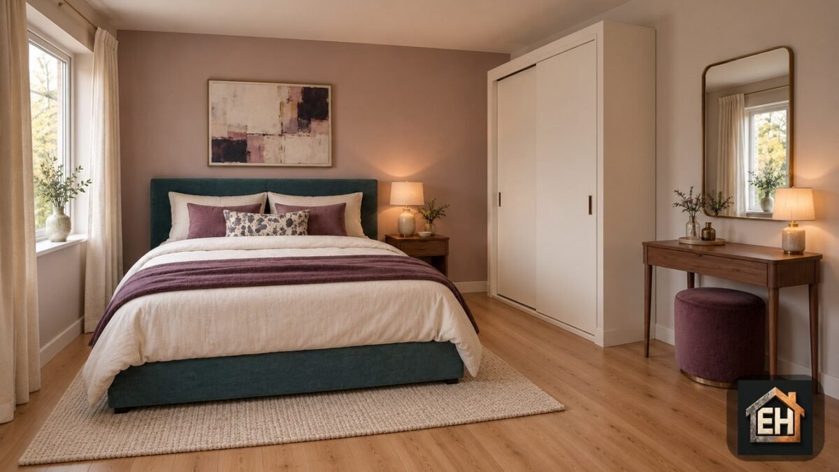 AI-generated small bedroom dressing area with a teal bed, ivory sliding wardrobe, walnut vanity, brass mirror and plum stool.