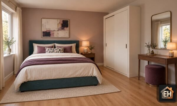 AI-generated small bedroom dressing area with a teal bed, ivory sliding wardrobe, walnut vanity, brass mirror and plum stool.
