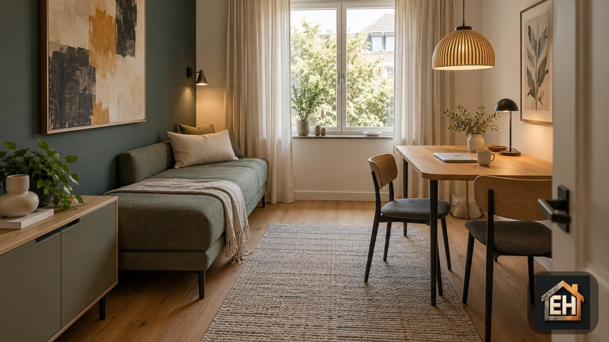 AI-generated contemporary multifunctional room with a sage daybed, oak work and dining table, coordinated storage and layered lighting.