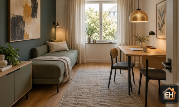 AI-generated contemporary multifunctional room with a sage daybed, oak work and dining table, coordinated storage and layered lighting.